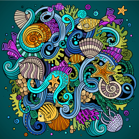 Cartoon hand-drawn doodles on the subject of Underwater life illustration. Colorful detailed, with lots of objects vector backgroundのイラスト素材