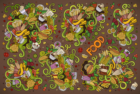 Colorful vector hand drawn doodles cartoon set of food objects and symbolsのイラスト素材