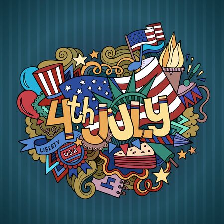4th July Independence Day hand lettering and doodles elements background. Vector illustrationのイラスト素材