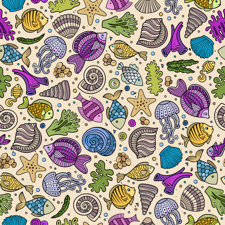 Cartoon hand-drawn sea life seamless pattern. Colorful detailed, with lots of objects funny vector backgroundのイラスト素材