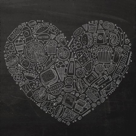 Chalkboard vector hand drawn set of Fast Food cartoon doodle objects, symbols and items. Heart form compositionのイラスト素材