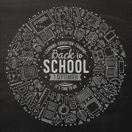 Chalkboard vector hand drawn set of School cartoon doodle objects, symbols and items. Round frame compositionのイラスト素材