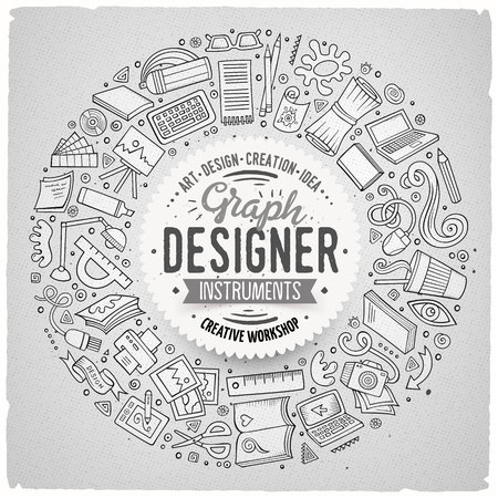 Line art vector hand drawn set of Design cartoon doodle objects, symbols and items. Round frame compositionのイラスト素材