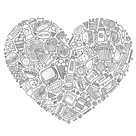 Line art vector hand drawn set of Fast Food cartoon doodle objects, symbols and items. Heart form compositionのイラスト素材