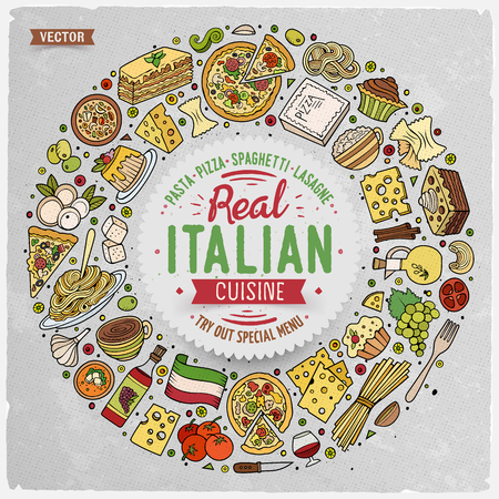Colorful vector hand drawn set of Italian food cartoon doodle objects, symbols and items. Round frame compositionのイラスト素材