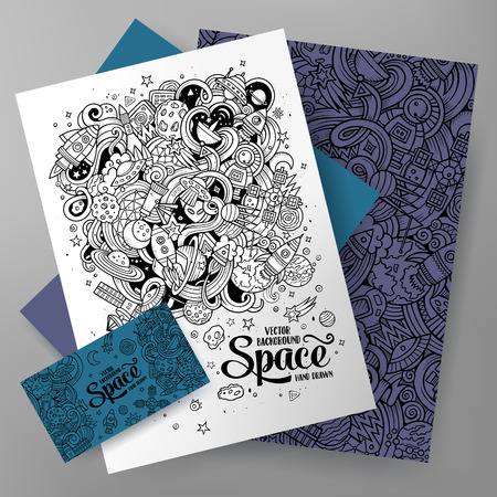 Cartoon cute line art vector hand drawn doodles Space corporate identity set. Templates design of business card, flyers, posters, papers on the tableのイラスト素材