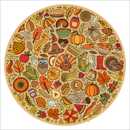Colorful vector hand drawn set of Thanksgiving cartoon doodle objects, symbols and items. Round compositionのイラスト素材
