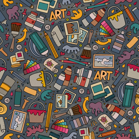 Cartoon cute hand drawn Art seamless pattern. Colorful detailed, with lots of objects background. Endless funny vector illustration. Bright colors artist backdrop.のイラスト素材