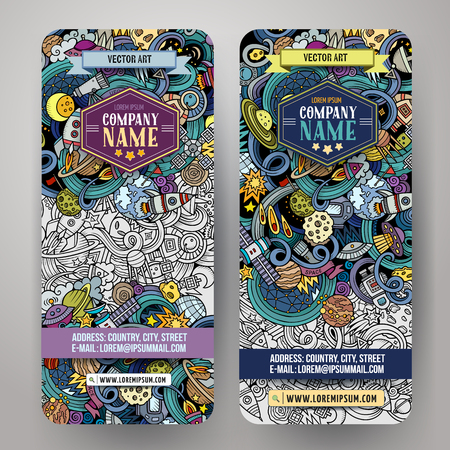 Cartoon cute colorful vector hand drawn doodles space corporate identity. 2 vertical banners design. Templates setのイラスト素材