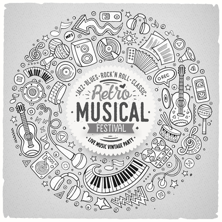 Line art vector hand drawn set of Musical cartoon doodle objects, symbols and items. Round frame compositionのイラスト素材