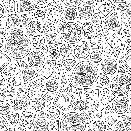 Cartoon cute hand drawn Pizza seamless pattern. Line art with lots of objects background. Endless funny vector illustration. Sketch backdrop with fastfood symbols and itemsのイラスト素材