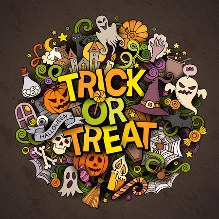 Cartoon cute doodles hand drawn Trick or treat inscription. Colorful illustration with holiday theme items. Detailed, with lots of objects background. Funny vector artworkのイラスト素材