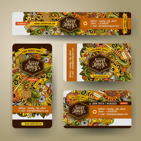Corporate Identity vector templates set design with doodles hand drawn Honey theme. Colorful banner, id cards, flayer design. Templates setのイラスト素材