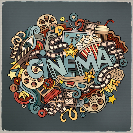Cartoon cute doodles hand drawn Cinema inscription. Colorful illustration with movie theme items. Line art detailed, with lots of objects background. Funny vector artworkのイラスト素材