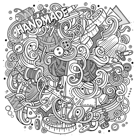 Cartoon cute doodles hand drawn Handmade illustration. Line art detailed, with lots of objects background. Funny vector artwork. Sketchy picture with hand made theme itemsのイラスト素材