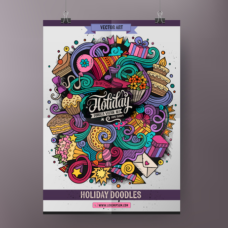 Cartoon colorful hand drawn doodles Holiday poster template. Very detailed, with lots of objects illustration. Funny vector artwork. Corporate identity design.のイラスト素材