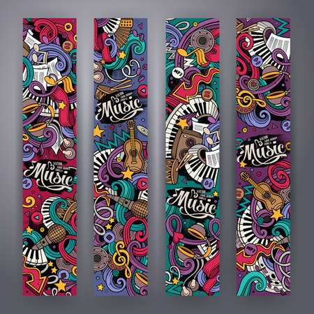 Cartoon colorful vector hand drawn doodles music corporate identity. 4 Vertical banners design. Templates setのイラスト素材