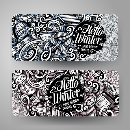 Cartoon trace graphics line artvector hand drawn doodles winter season corporate identity. 2 horizontal banners design. Templates setのイラスト素材