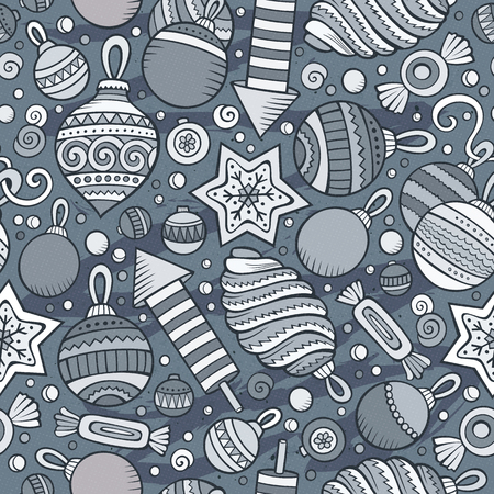 Cartoon cute hand drawn Xmass seamless pattern. Line art with lots of objects background. Endless funny vector illustrationのイラスト素材