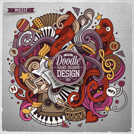 Cartoon cute doodles hand drawn Music illustration. Colorful detailed, with lots of objects background. Funny vector grunge artworkのイラスト素材