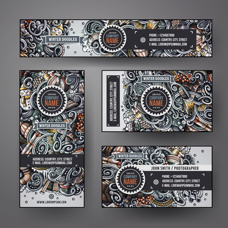 Corporate Identity vector templates set design with doodles hand drawn Winter theme. Colorful banner, id cards, flayer design. Templates setのイラスト素材