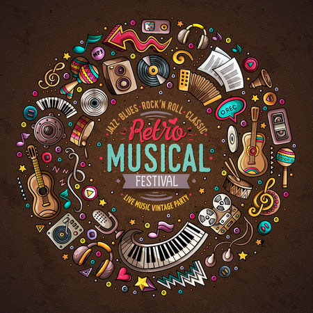 Colorful vector hand drawn set of Musical cartoon doodle objects, symbols and items. Round frame compositionのイラスト素材