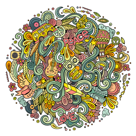 Cartoon hand-drawn doodles hippie illustrationのイラスト素材