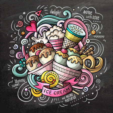 Ice Cream art cartoon vector doodle illustration. Chalkboard colorful detailed design with lot of objects and symbols. All elements separateのイラスト素材