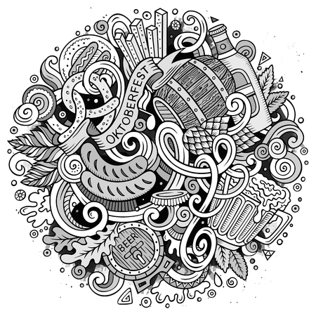 Cartoon cute doodles hand drawn Oktoberfest illustration. Line art detailed, with lots of objects background. Funny vector artwork. Sketched picture with Beer fest theme items.のイラスト素材