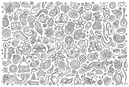 Sketchy vector hand drawn doodle cartoon set of Indian objects and symbolsのイラスト素材