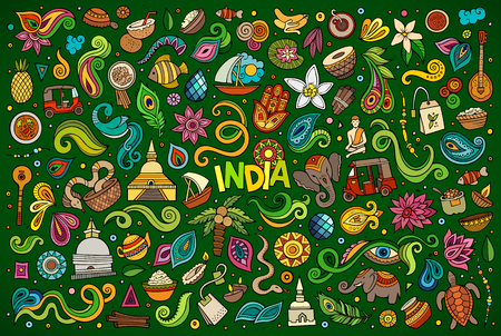 Colorful vector hand drawn doodle cartoon set of Indian objects and symbolsのイラスト素材