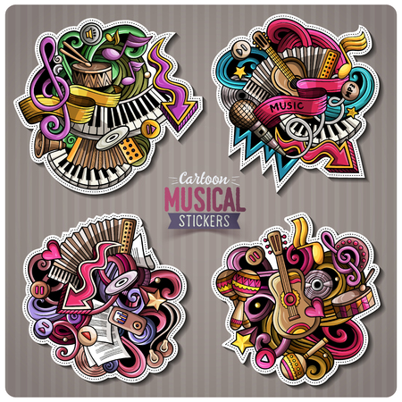 Set of Music cartoon stickers. Vector doodle objects and symbols collection. Label design elements. Cute patches, pins, badges series. Comic style.のイラスト素材