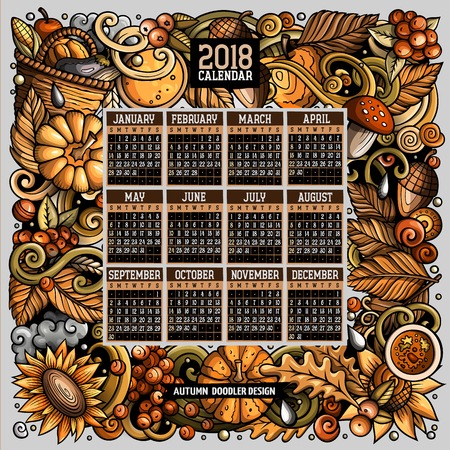 Cartoon doodles Autumn 2018 year calendar template. English, Sunday startのイラスト素材