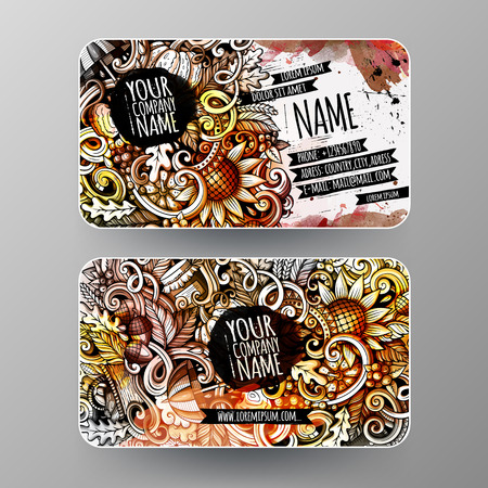 Cartoon graphics watercolor vector hand drawn doodles Autumn season corporate identity. 2 id cards design. Templates setのイラスト素材
