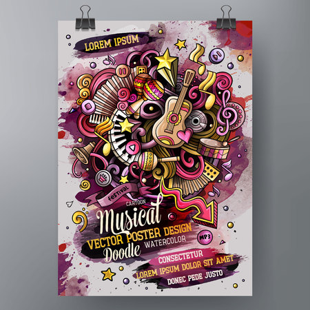 Cartoon hand drawn watercolor doodles Music poster design template.のイラスト素材