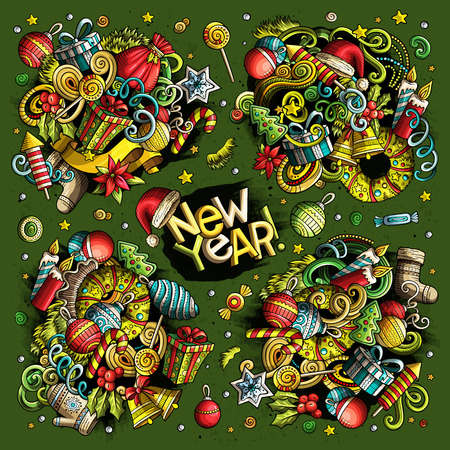 Doodle cartoon set of New Year and Christmas objectsのイラスト素材