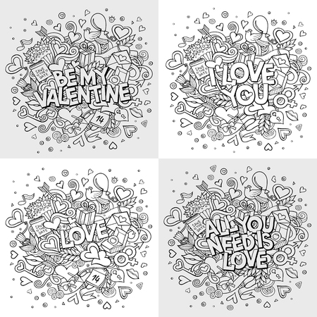 Set of vector hand drawn Doodle Happy Valentine's Day illustrations. Colorful detailed design backgrounds with objects and symbols. All objects are separatedのイラスト素材