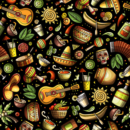 Cartoon hand-drawn latin american, mexican seamless patternのイラスト素材