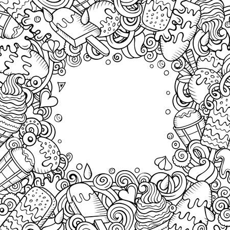 Cartoon vector hand-drawn doodles Ice Cream frame illustration. Line art card border, with lots of separated objectsのイラスト素材