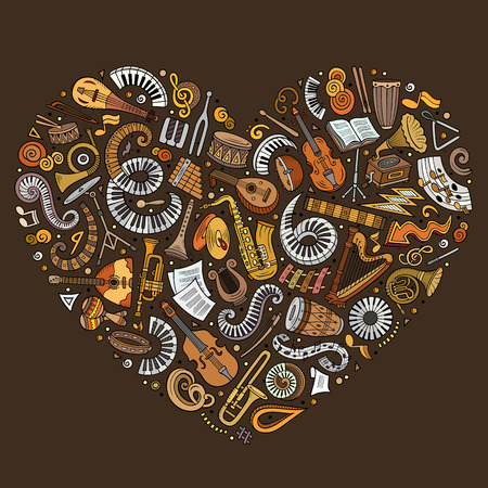 Set of vector cartoon doodle classic musical instruments and objects collected in a heart.のイラスト素材