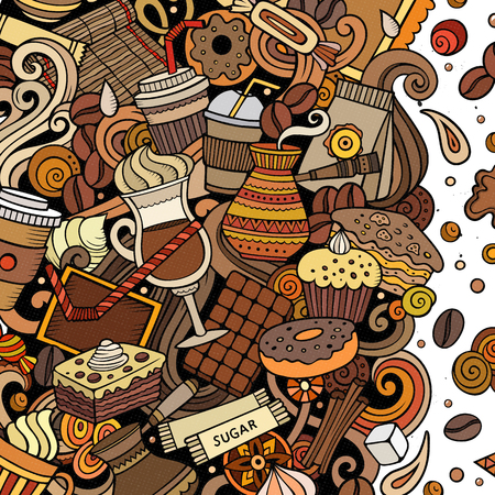 Cartoon vector doodles Coffee frame. Colorful, detailed, with lots of objects background. All objects separate. Bright colors Cafe funny borderのイラスト素材