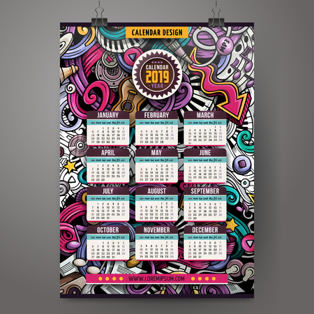 Cartoon colorful hand drawn doodles Musical 2019 year calendar template. English, Sunday start. Very detailed, with lots of objects illustration. Funny vector artwork.のイラスト素材
