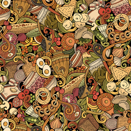 Cartoon cute doodles hand drawn Russian food seamless pattern. Colorful detailed, with lots of objects background. Endless funny vector illustration. All objects separate.のイラスト素材