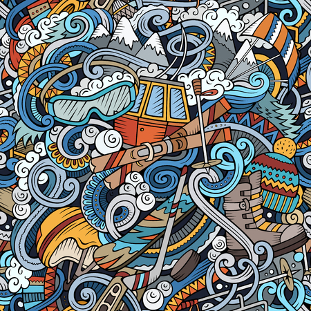 Winter sports hand drawn doodles seamless pattern. Ski resort background. Cartoon cold season outdoor activities print design. Colorful vector illustrationsのイラスト素材