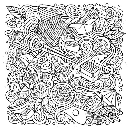 Cartoon vector doodles Japan food round illustration. Line art, detailed, with lots of objects background. All objects separate. Sketchy japanese cuisine funny pictureのイラスト素材