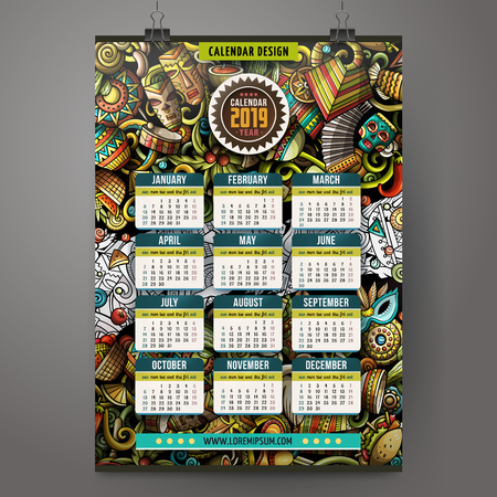 Cartoon colorful hand drawn doodles Latin America 2019 year calendar template. English, Sunday start. Very detailed, with lots of objects illustration. Funny vector artwork.のイラスト素材