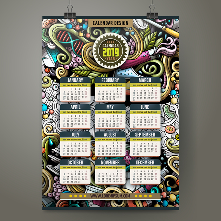 Cartoon colorful hand drawn doodles Science 2019 year calendar template. English, Sunday start. Very detailed, with lots of objects illustration. Funny vector artwork.のイラスト素材