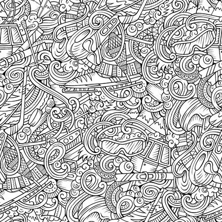 Winter sports hand drawn doodles seamless pattern. Ski resort background. Cartoon cold season outdoor activities print design. Line art vector illustrationsのイラスト素材