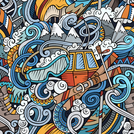 Winter sports hand drawn doodles seamless pattern. Ski resort background. Cartoon cold season outdoor activities print design. Colorful vector illustrationsのイラスト素材