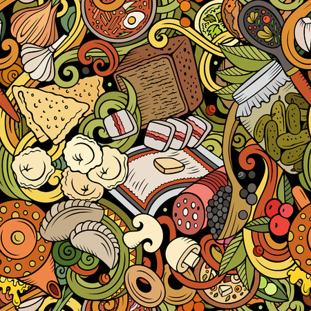 Cartoon cute doodles hand drawn Russian food seamless pattern. Colorful detailed, with lots of objects background. Endless funny vector illustration. All objects separate.のイラスト素材